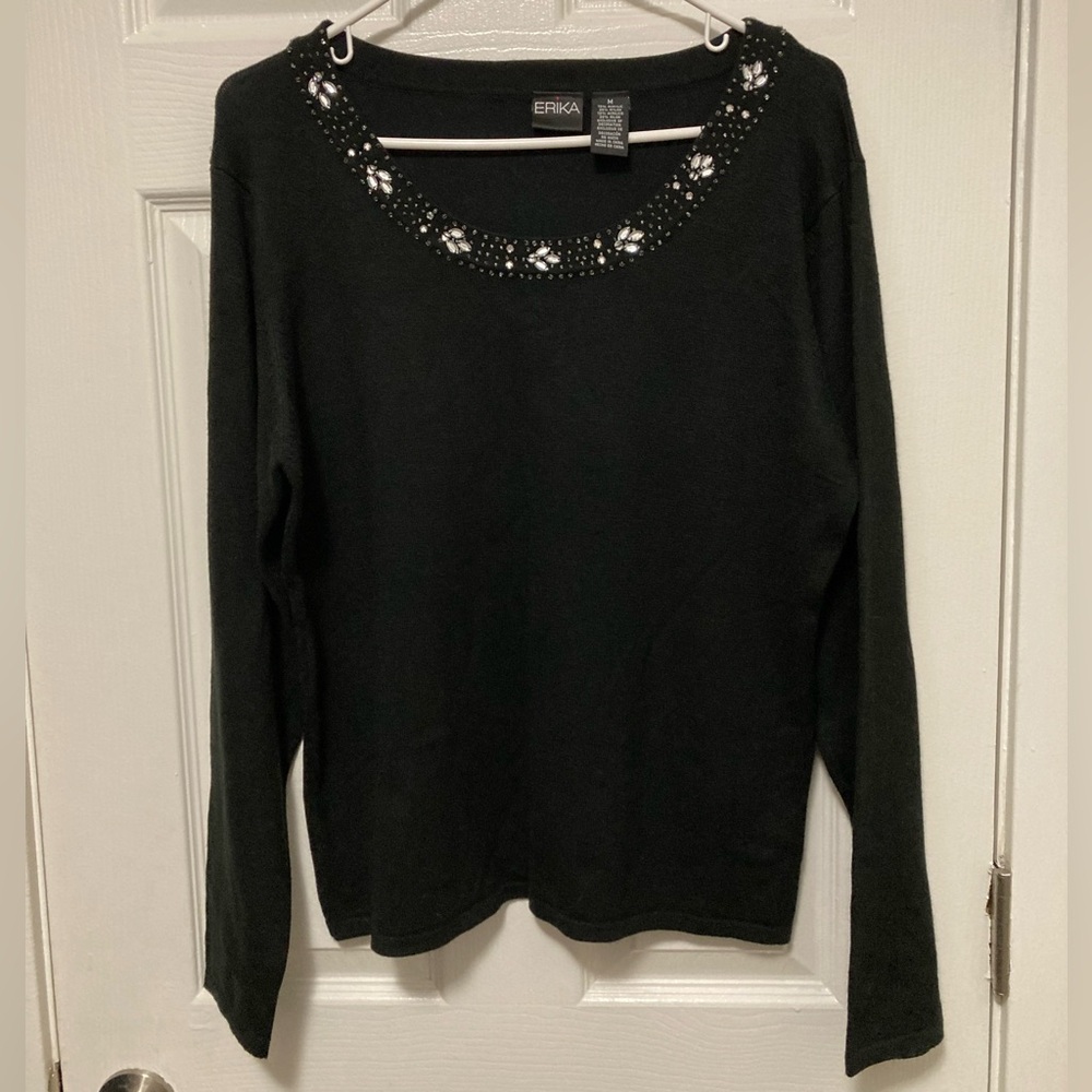 Erika Black Scoop Neck Crystal Neckline Holiday Long Sleeve Sweater #C